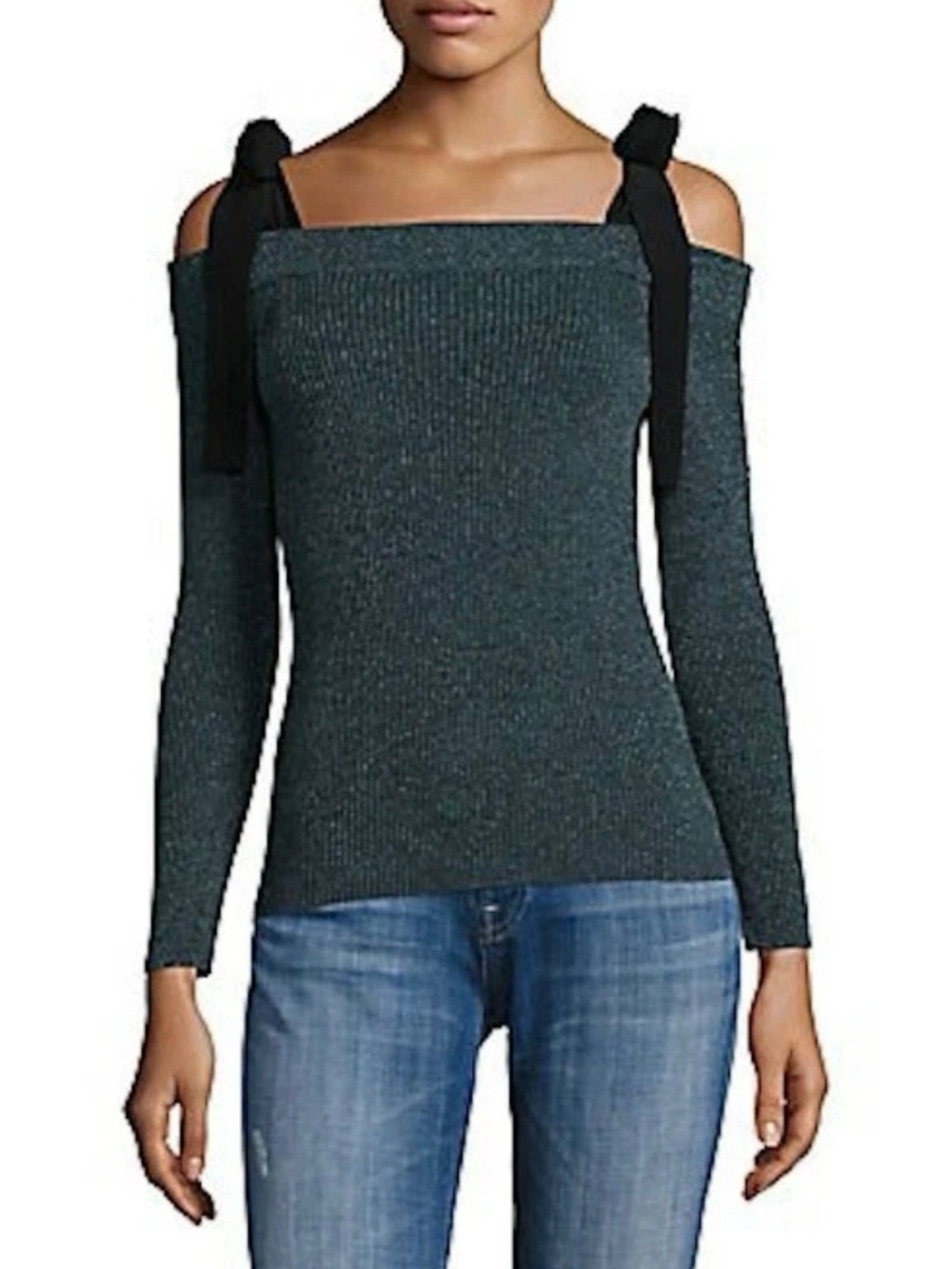 Rebecca Taylor Teal Off-Shoulder Ribbed Sweater with Black Bow Straps